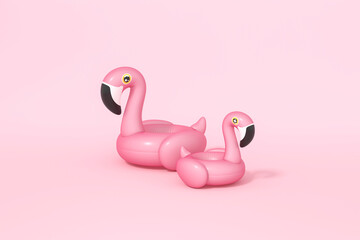 Pink Flamingo float, tropical bird shape inflatable swimming pool ring on pastel pink background 3d rendering. 3d illustration Summer minimal concept.