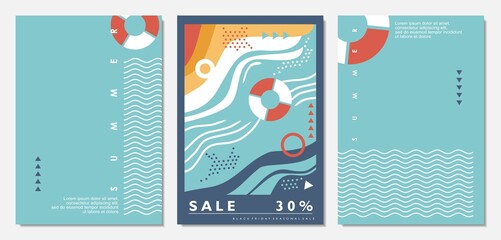 Sea and summer abstract banners and notebook covers design. Summer sale Memphis style flyers and posters. Vector document template. © lukeruk