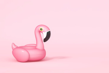 Pink Flamingo float, tropical bird shape inflatable swimming pool ring on pastel pink background 3d rendering. 3d illustration Summer minimal concept.