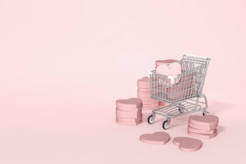Rose gold hearts put on shopping cart with pastel pink background 3d rendering. 3d illustration sweet heart and Valentines Day shopping greeting card template minimal concept.