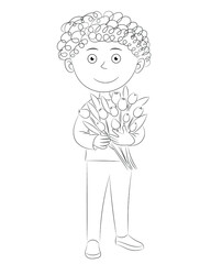 Sketch portrait of a curly-haired boy with a bouquet of tulips in his hands