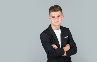 teen boy wear formal suit, copy space, business