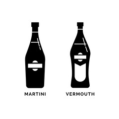 Bottle martini and vermouth as silhouette. Alcohol drink drawing. Black white. Decoration element. Bar menu design. Symbol, logo. Isolated illustration white background. Drink element