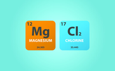 Magnesium Chloride MgCl2 molecule. Simple molecular formula consisting of Magnesium, Chlorine,  elements. Chemical compound simplified structure on blue background, for chemistry education