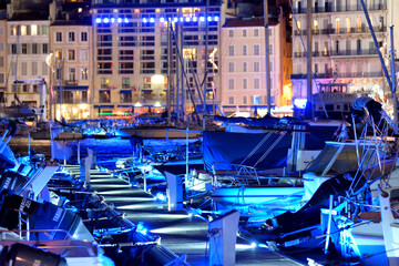 Pier with boats at the Old port of Marseille at night time