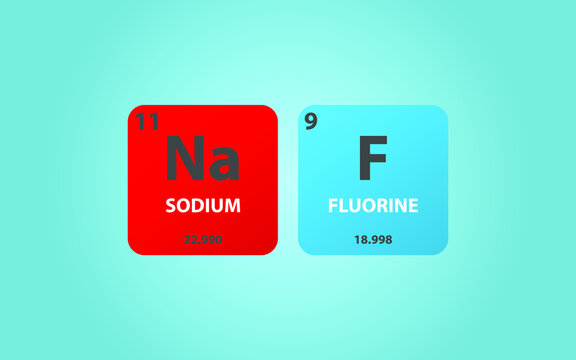 Sodium Fluoride NaF molecule. Simple molecular formula consisting of Sodium, Fluorine,  elements. Chemical compound simplified structure on blue background, for chemistry education