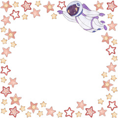 Frame from a set of watercolor illustrations of stars and flying astronaut in blue, purple, red, cream colors isolated on white background