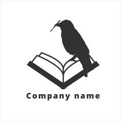 raven with a scalpel in the beak sits on an open book, black logo