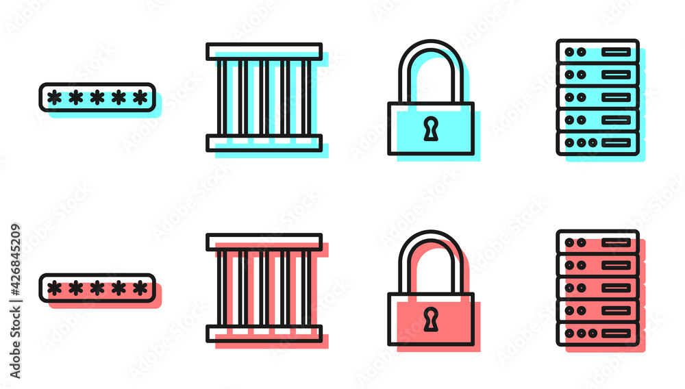 Poster set line lock, password protection, prison window and server, data, web hosting icon. vector