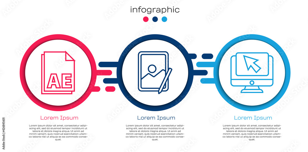 Poster set line ae file document, graphic tablet and computer monitor and cursor. business infographic temp