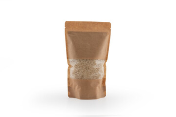 Rice. pulses packaging from Kraft paper.legumes in brown craft packaging, on a natural white