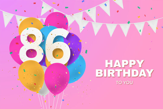 Happy 86th birthday balloons greeting card background. 86 years anniversary. 86th celebrating with confetti. Illustration stock