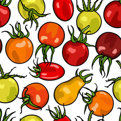 Vector seamless pattern with hand drawn various cherry tomatoes. Beautiful food design elements, perfect for prints and patterns.