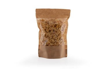 mom made pasta pulses packaging from Kraft paper.legumes in brown craft packaging, on a natural white