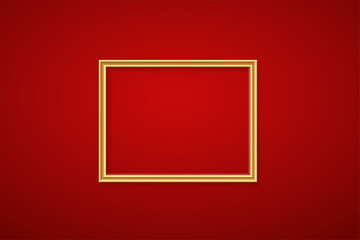 Golden frame for picture on red background. Gold border on blank space for picture, painting, card or photo. 3d realistic modern bright template mock up vector illustration