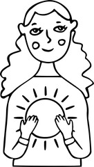 Cute girl carefully hugging sun. Cartoon doodle. Sun Day clipart. Smiling character. Holiday eco friendly image. Promotion of solar energy. Black line art illustration with kind person. Kids picture.