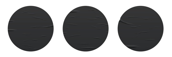 Glued round black stickers set isolated on white background. Vector realistic crumpled posters bundle. Wet greased wrinkles blank template texture. Empty advertising circles mockup for design