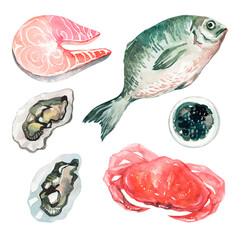 Watercolor set with seafood on a white isolated background. Crab, salmon fillet, black caviar, fish and oysters. Clipart with seafood. Mediterranean Kitchen. Set with seafood for cafes and restaurants