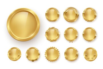 Award golden blank medals 3d realistic illustration. First place medals with laurel leaves. Certified. Quality blank, empty badge, emblem set
