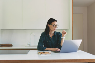 Fototapeta na wymiar Front view of business woman working from home with laptop and notebook