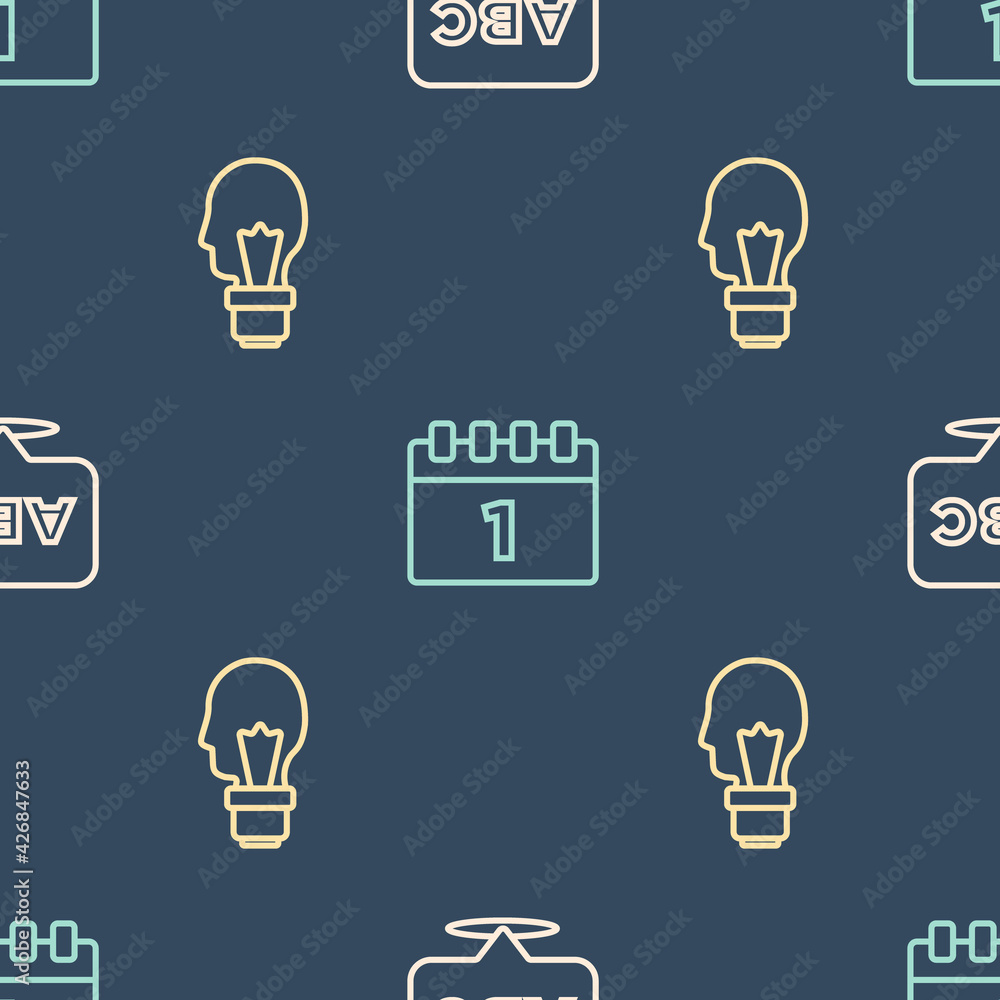 Aufkleber set line alphabet, light bulb with concept of idea and calendar first september date on seamless pat
