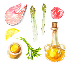 Watercolor set with Mediterranean cuisine on a white background. Clipart with fresh and healthy food. Salmon fillet, olive oil, parsley, lemon, asparagus and tomato isolated on white background.
