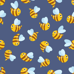 Seamless pattern with bees on white background. Small wasp. Vector illustration. Adorable cartoon character. Template design for invitation, cards, textile, fabric. Doodle style