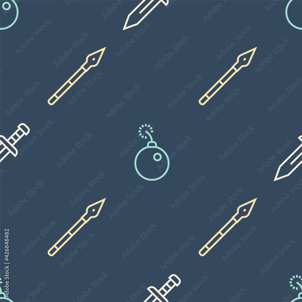 Poster set line sword, medieval spear and bomb ready to explode on seamless pattern. vector