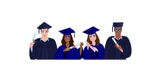 Happy graduates in black gowns and tassel hats. In the hands of diplomas. People of different nationalities, Afro people. Isolated vector graphics. Concept. Cartoon style. Vector illustration