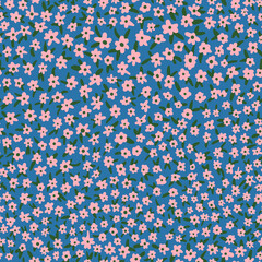 Cute ditsy daisy seamless pattern. Vector flower with leaves all over print with blue background.