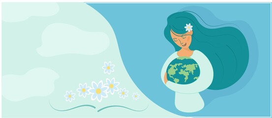 Pretty woman gently hugs the blue planet. Delicate blue background with flowers and clouds. Vertical banner with place for text. Vector illustration for poster Earth Day. Flat style.