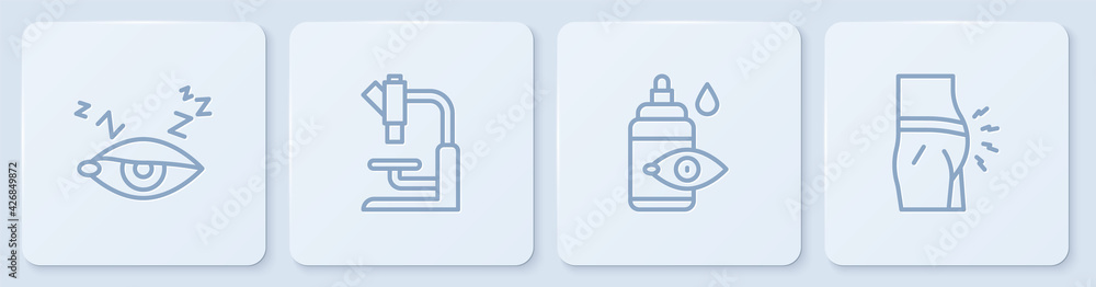 Poster set line insomnia, eye drop bottle, microscope and abdominal bloating. white square button. vector