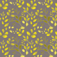 Seamless pattern with yellow twigs, watercolor, pencil, paper texture.
