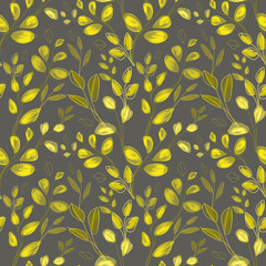 Seamless pattern with yellow twigs, watercolor, pencil, paper texture.