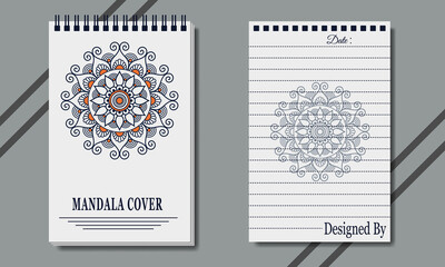 Notebook cover with blank page. Hand drawn mandala cover design with spiral binding.
