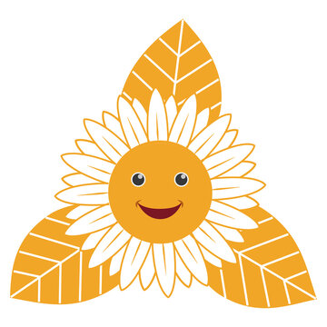 Smiling sunflower vector illustration isolated on white background. A hand-drawing cute cartoon sunflower shape and leaves.