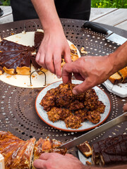 Delicious homemade cakes. Pies with chocolate and berries.