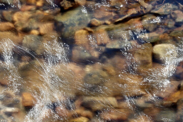 Water flowing on the stones. Mountain stream in sunny day, shooting at a long shutter speed