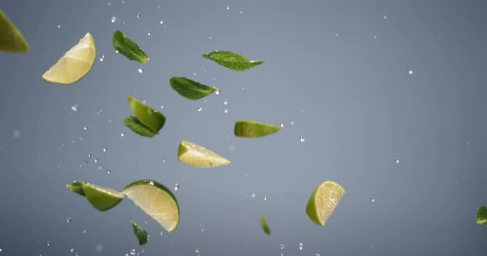 SUPER SLOW MOTION shot of fresh sliced lime and mint leafs flying against bright background. Shot with high speed video camera, 420 FPS