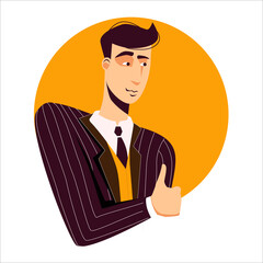 Cute adult man in stylish brown pinstripe suit raises his thumb encouragingly. A figure up to the waist on a yellow circle. Vector illustration isolated on white background. Approval and support.