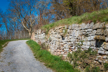 Blick hinauf auf einen Weg zu einem Weinberg, entlang einer alten Steinmauer bei strahlend blauem...