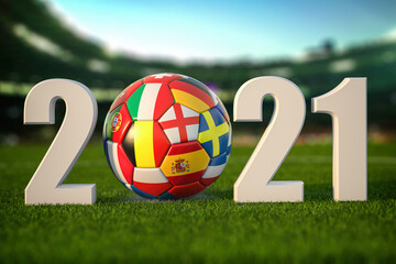 Euro 2021. Soccer Football ball with flags of european countries on the grass of football stadium.