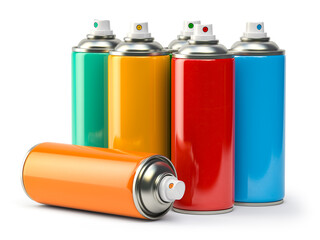 Colorful graffity spray paint cans or bottles of aerosol isolated on white. - obrazy, fototapety, plakaty