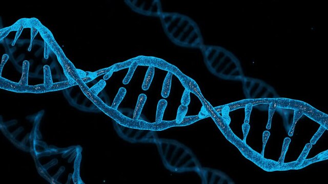 3D animation of blue DNA. The light is dim. The focus is on the front and the background is blurred. Side shot.