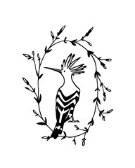 Vector card with hand drawn sweet Hoopoe in graceful floral wreath. Ink drawing, graphic style. Beautiful animal design elements.