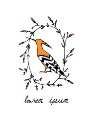 Vector card with hand drawn sweet Hoopoe in graceful floral wreath. Ink drawing, graphic style. Beautiful animal design elements.