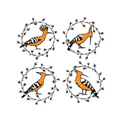 Vector card with hand drawn sweet Hoopoes in graceful floral wreath. Ink drawing, graphic style. Beautiful animal design elements.