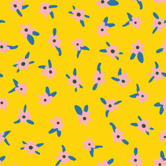 Cute ditsy daisy random placed seamless pattern. Pink vector flowers with leaves all over print with yellow background.