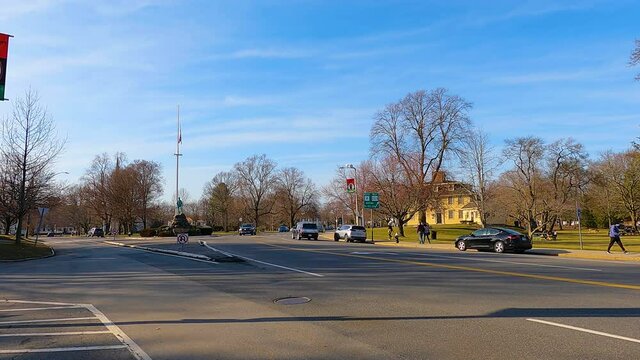 Time lapse video of Lexington Common National Historic Site including Buckman Tavern and Massachusetts Avenue street view in town center of Lexington, Massachusetts MA, USA. 
