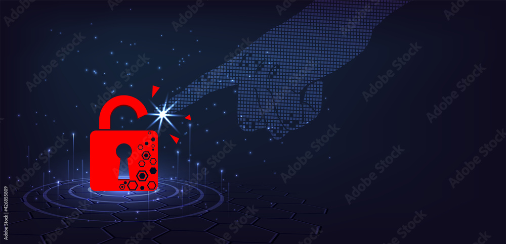 Aufkleber cyber attack concept.padlock red destroyed on dark blue background.cyber crime vector illustration.a